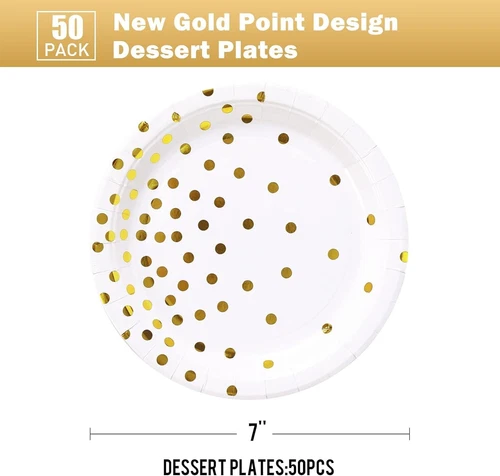 White and Gold Party Supplies, Gold Dot Paper Dessert Plates (50-Count) - Bild 6 von 8