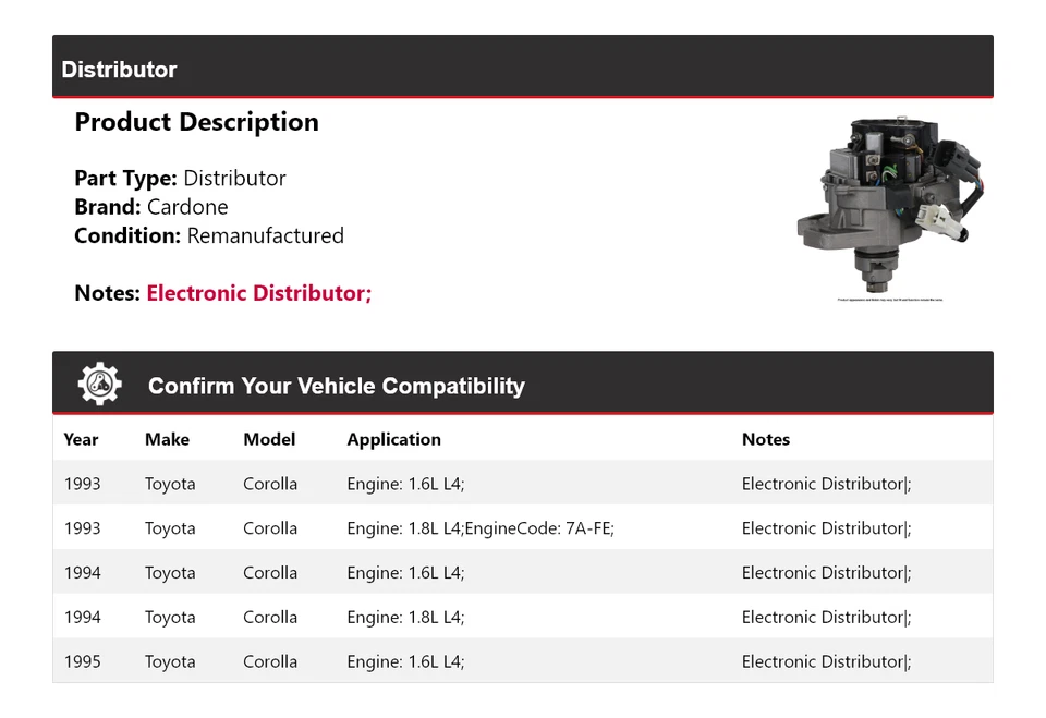 Toyota Corolla 1993-1995 distribuidor Cardone 1994 Foto 2 de 4