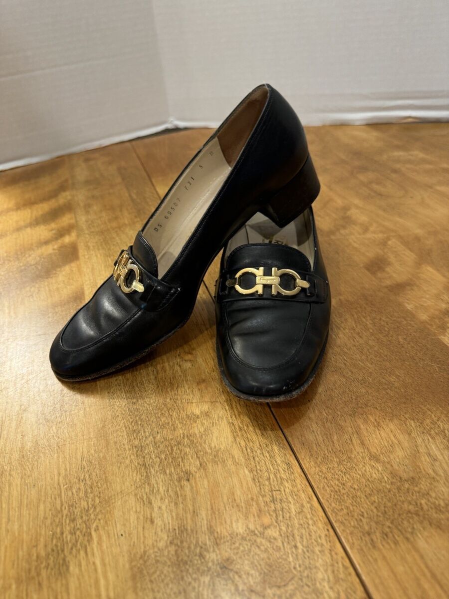 Salvatore Ferragamo Black Leather Shoes w/ Gold Buckles Sz Salvatore Ferragamo Black Leather Shoes w/ Gold Buckles Sz