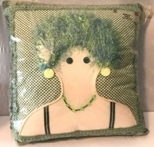 Funky Handmade Designer Art Lady Throw Pillow 13" X  13" NEW Green Calico NEW 