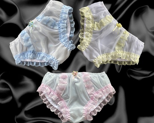 White Frilly Lace Sissy Sheer Soft Nylon Satin Bow Panties Knickers Size 10-20 - Afbeelding 1 van 13