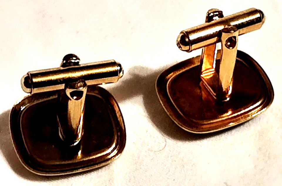 Par de Gemelos Gemelos Tono Dorado Cuadrados Rayas Negras y Doradas De Colección Foto 2 de 3