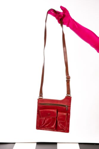 Vintage Red Leather Double Pocket Cross Body Messenger Bag Cuoieria Fiorentina - Afbeelding 1 van 2