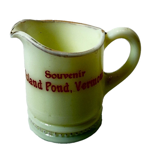 ISLAND POND VT VERMONT Uranium Custard Souvenir ANTIQUE Glass TRINKET CREAMER