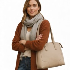 Furla Leather Ivory Perla Shoulder Tote Minimalist Classic Elegant Gold Hardware