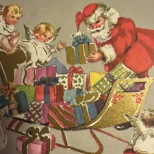 Vtg Christmas Card UNUSED Santa Giving Gifts To Angels Brownie Mcm Sleigh W/env