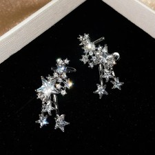 Star Clip On Earrings Five Point Simulated Zirconia Silver Tone Classic Jewelry