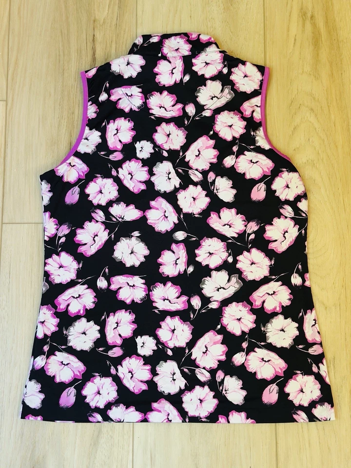 Женский черный с розовым цветочным рисунком топ для активного отдыха - Изображение 2 из 2