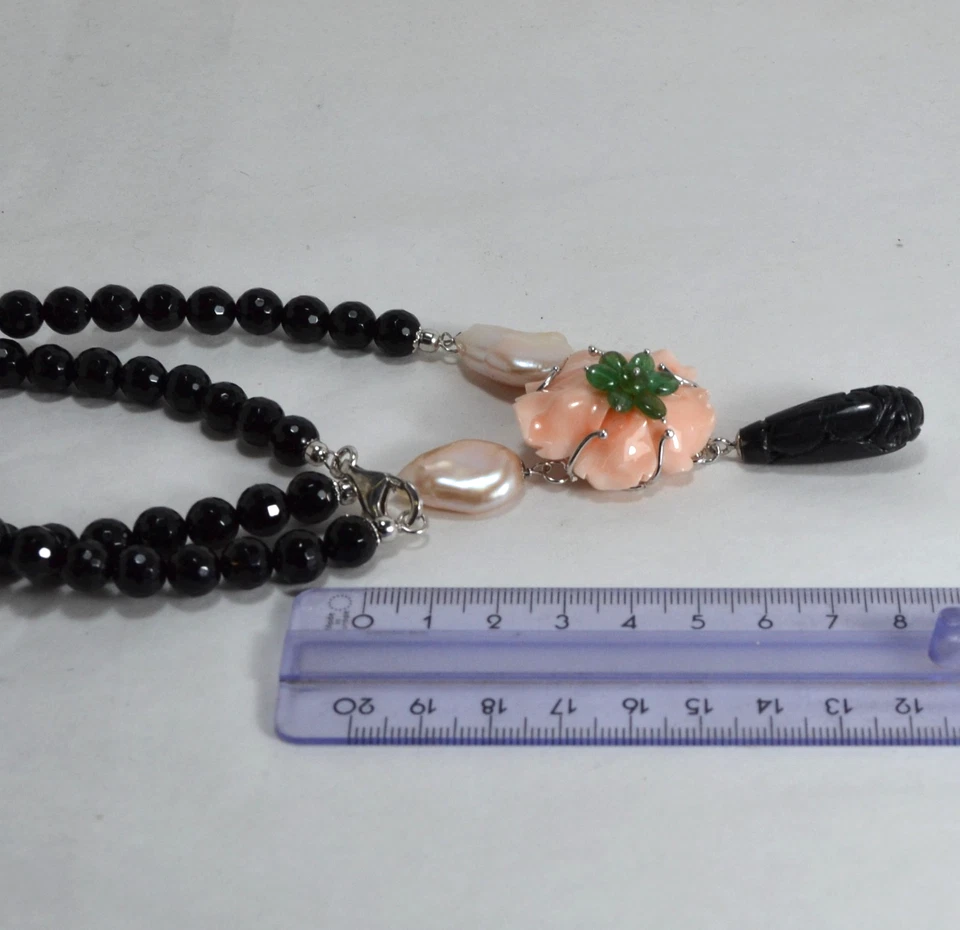 COLLANA IN ARGENTO 925 ONICE INCISO FIORE DI CORALLO ROSA E SMERALDI   AGLN 0290 - Immagine 4 di 4