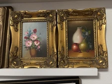 Vintage Still Life Oil Paintings- Set of 2 In Gilt Frames