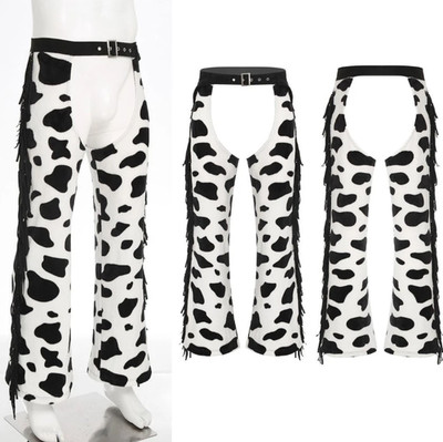 DE Herren Kuh Print Flanell Hosen Hohler Schritt Western Cowboy Chaps Clubwear