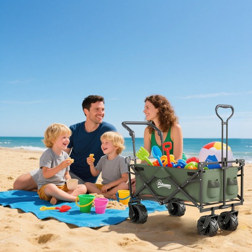Outsunny Outdoor Push Pull Wagon Stroller Cart w/ Canopy Top Green - Picture 9 of 11