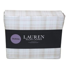 Lauren Ralph Lauren Queen Plaid Sheet Set Cotton Beige Pink Fits 15" Mattress