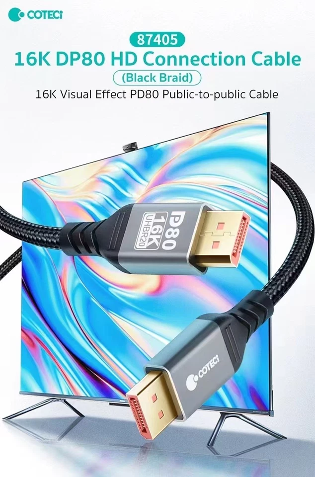 DP80 UHBR20 Display Port Cable Braided 4K 144Hz/8K 120Hz/16K 60Hz/2K 240Hz - Image 2 of 4