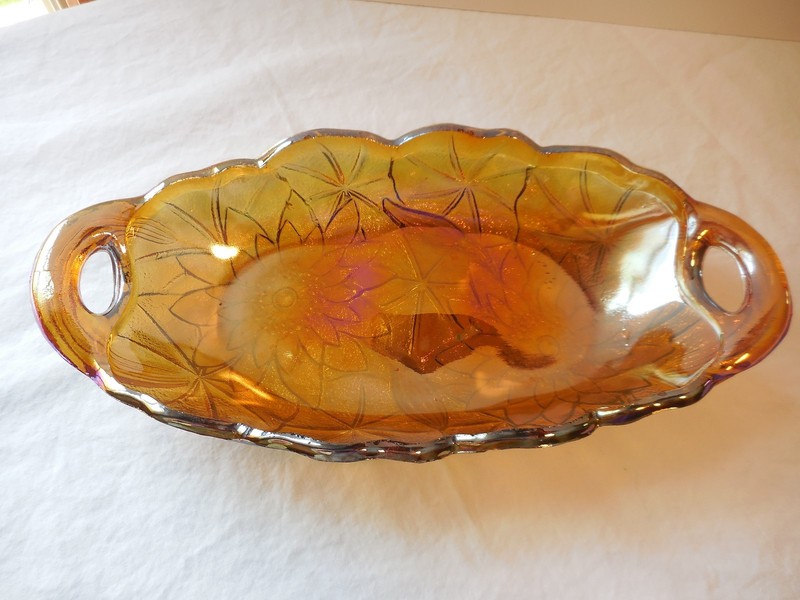 Indiana Glass Lily Pons Amber Carnival Sculpted Leaves Pickle/Relish Dish