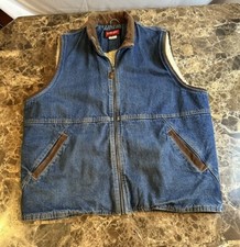 Wrangler Hero Blue Jean Denim Vest Sherpa Lined Men's Sz L Corduroy Accents EUC