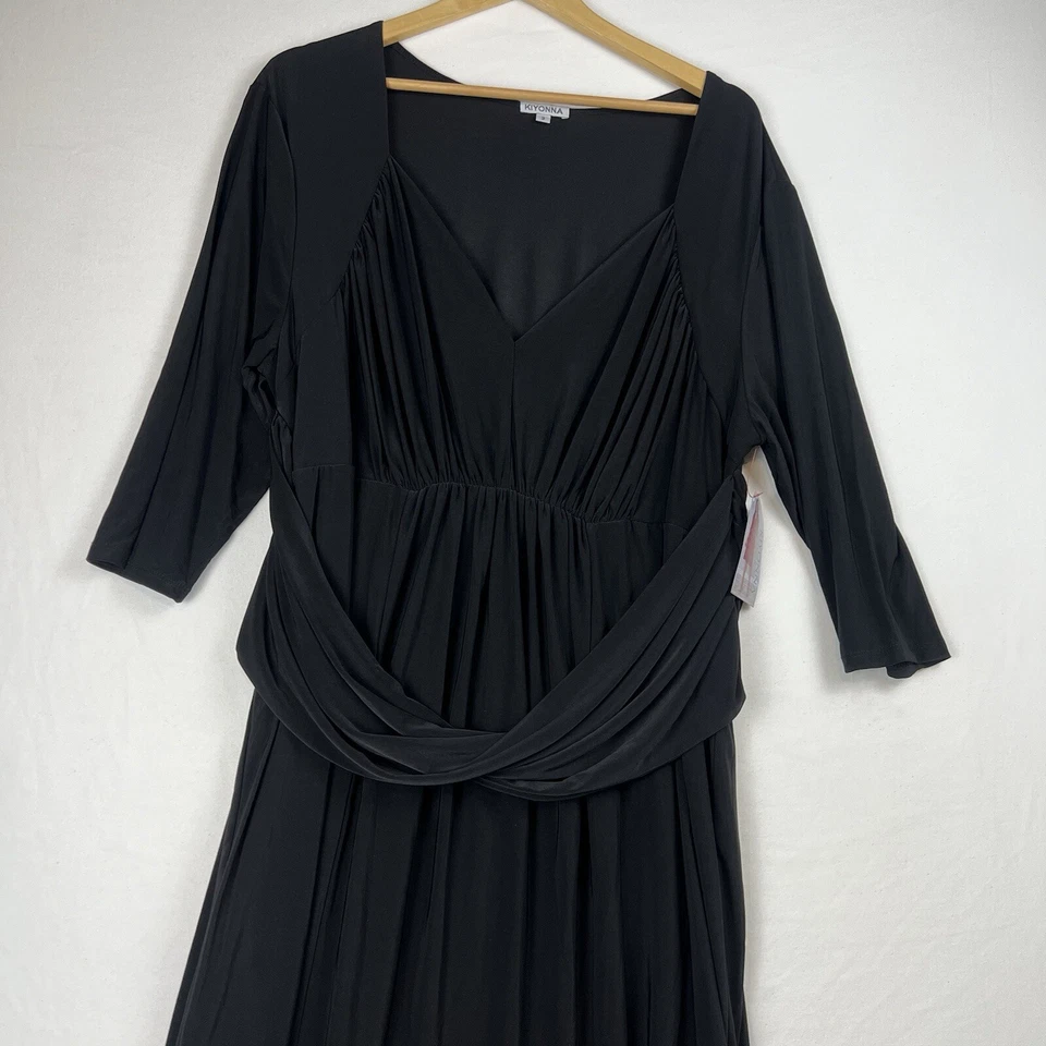 Vestido feminino Kiyonna 3XL preto malha maxi drapeada cintura gola V elástico manga 3/4 - Imagem 4 de 4