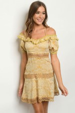 Mustard Yellow Cold Shoulder Lace Detail Dress Size Medium Boho Inspired 
