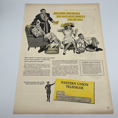 1947 Western Union Telegram Vtg Print Ad 10x14'' family at Easter illustration