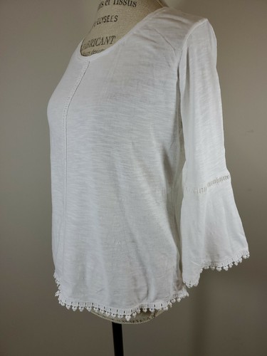Style And Co White Blouse Size PS Bell Sleeves Crochet Trim 100% Cotton Boho - Picture 7 of 11