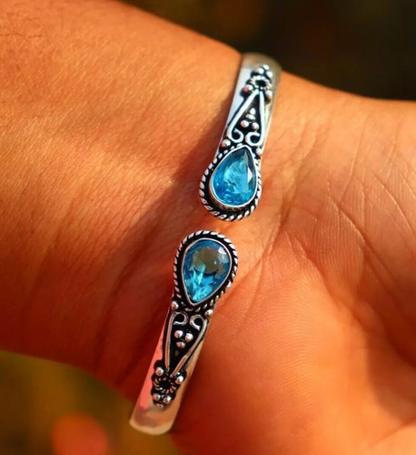 Bracciale in argento sterling massiccio 925 con pietra preziosa topazio blu misura 7-8" - Foto 5 di 5