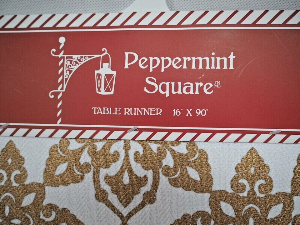 Peppermint Square Fabric Table Runner 16"x90" Gold Color Christmas Decor New Pck - Image 2 of 4