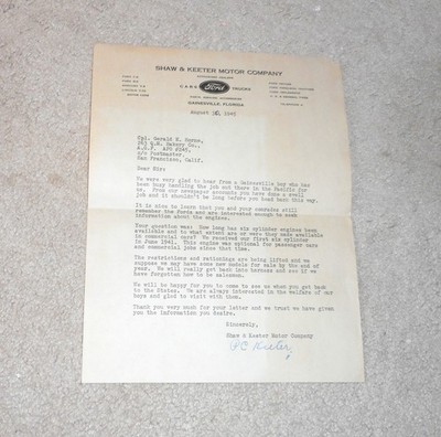 VINTAGE 1945 FORD SHAW & KEETER MOTOR COMPANY GAINESVILLE FL DEALER LETTER