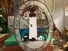 Vintage Light House Oval Painted Stainedglass Ocean Beach Sea Sun Catcher