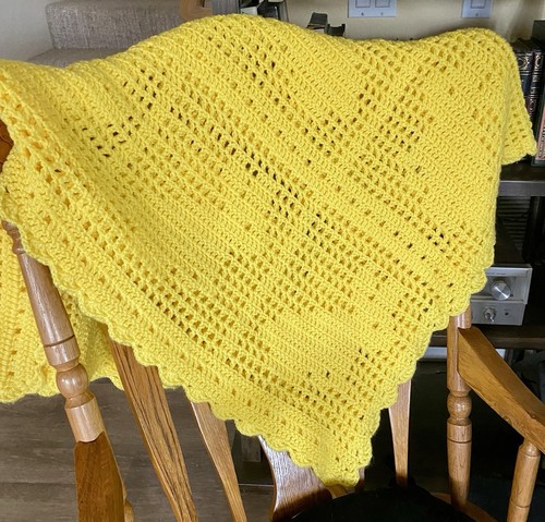 Crocheted Afghan/Throw Handmade-Rabbit Pattern-Sunshine Yellow-44”x 54”
