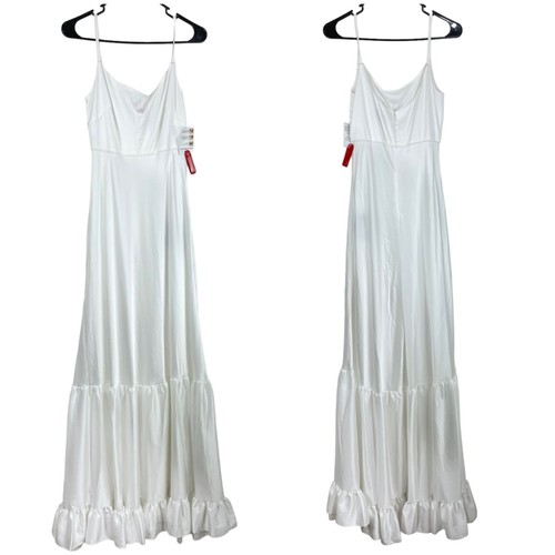 Mac Duggal NWT Scoop Neck Satin Gown Size 2 White Tiered Skirt Spaghetti Strap - Picture 3 of 10