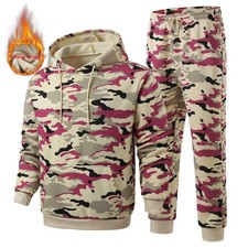 Mens 2-Piece Camo Set Hoodie Casual Fleece Jacket Jogging Pants Camo Track Suit