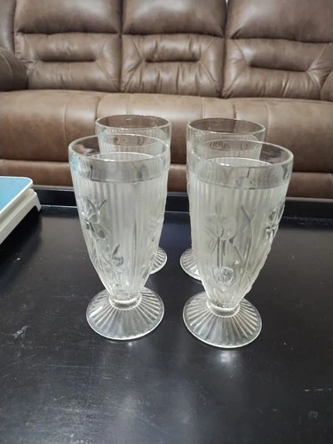 4 Crystal Iris And Herringbone 6 Inch High Footed Tumblers Depression Glass EUC