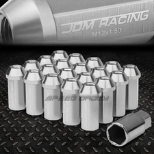JDM CLOSED-END ALUMINUM SILVER 20 LUG NUTS SET+ADAPTER M12X1.5 25MM OD/50MM TALL