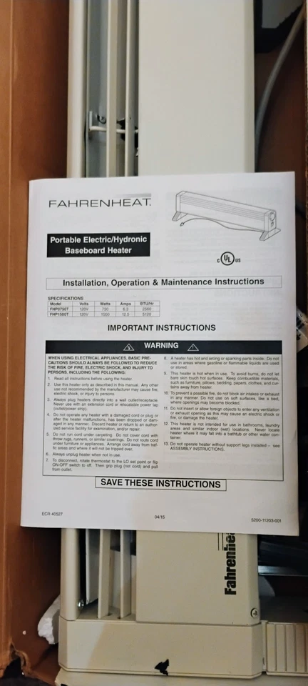 Calentador de zócalo hidrónico portátil Fahrenheat FHP1500TP 120 voltios 1500 Foto 3 de 4