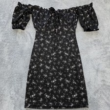 PRETTYLITTLETHING Dress Womens 2 Black Midi Bodycon Tie Front Bardot Sleeve