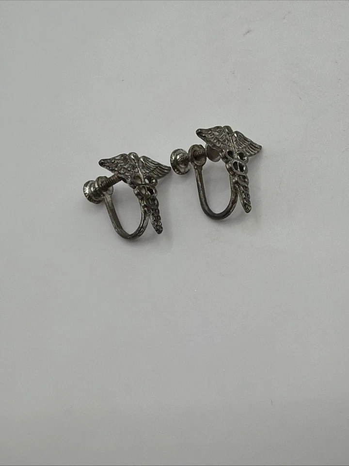 PENDIENTES CADUCEO - Pendientes de clip de peltre + plata esterlina ENFERMERA MÉDICA DOCTOR Foto 4 de 4