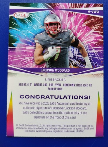 2025 SAGE High Series Red Jackson Woodard #A-JW2 Rookie Auto RC Houston Texans - Picture 2 of 2