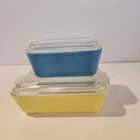 Vintage Pyrex Set Yellow & Blue Refrigerator Glass Dish #502-503