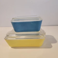 Vintage Pyrex Set Yellow & Blue Refrigerator Glass Dish #502-503