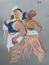 9x12 Pastel Painting French Portrait Cubism On Paper Original Signed BVC