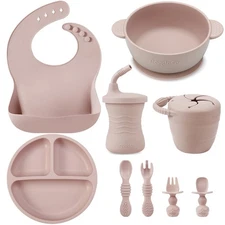 9PCS Baby Feeding Set - Suction Plate Utensils Bibs & Sippy Cup Pink