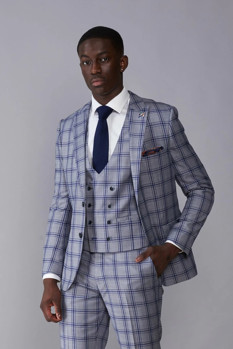 Harry Brown Blake Grey And Blue Window Check Three Piece Suit