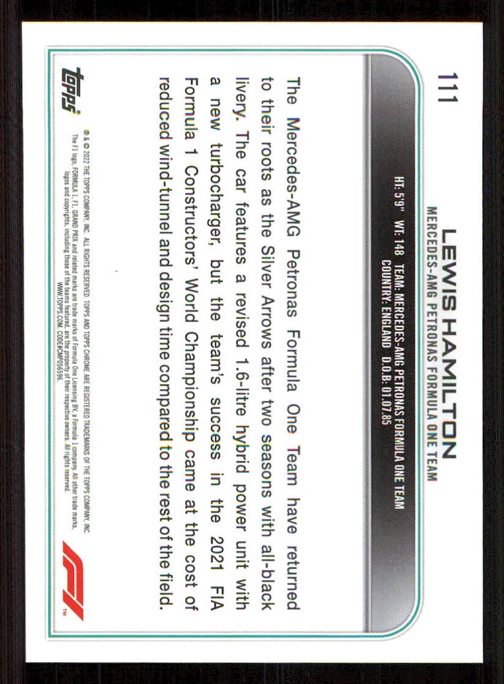 2022 Topps Chrome Formula 1 #111 Lewis Hamilton CAR - Image 2 of 2