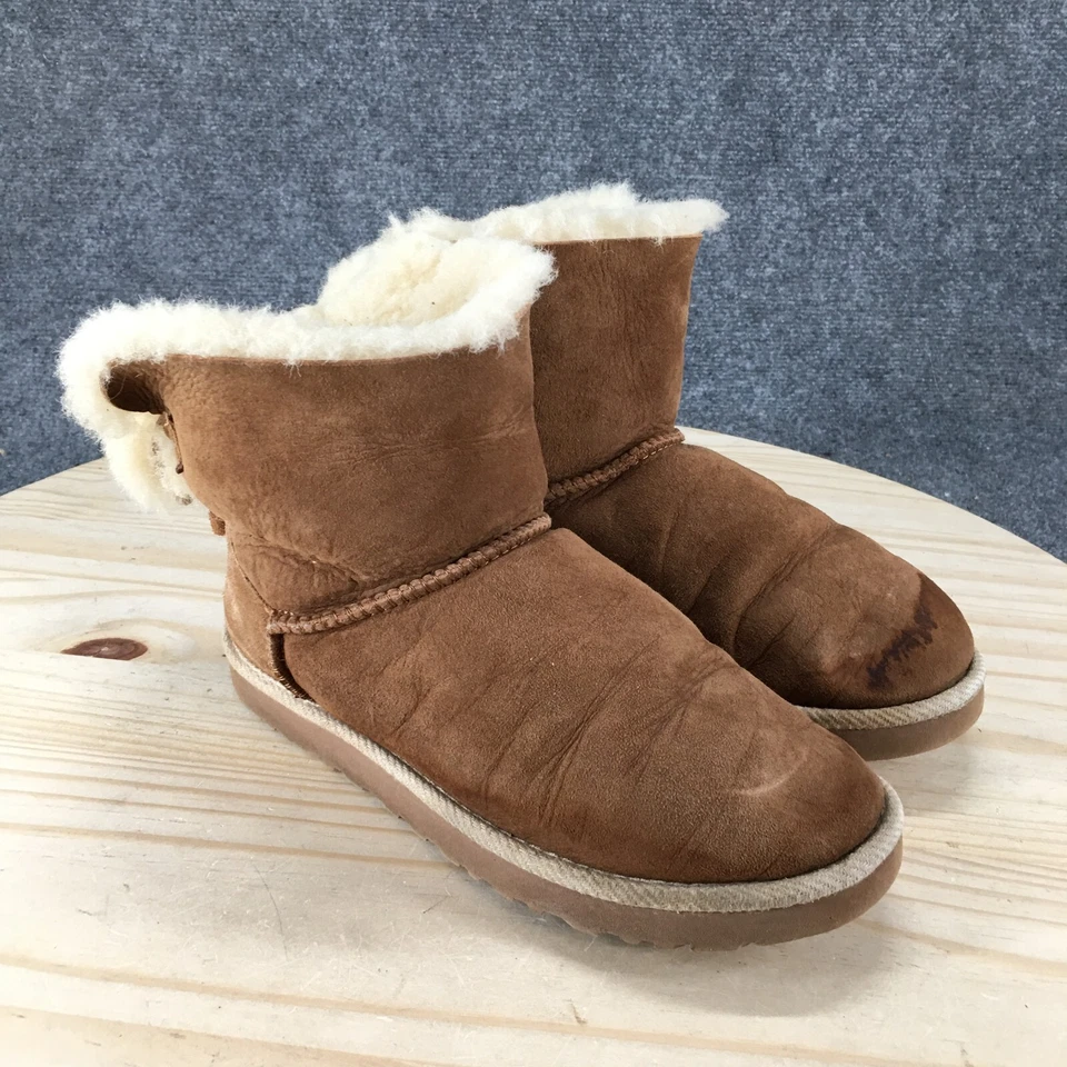 UGG Boots Womens 7 Bailey Bow II Shearling Brown Fur Lined Round Toe Ankle Top - Image 3 of 4
