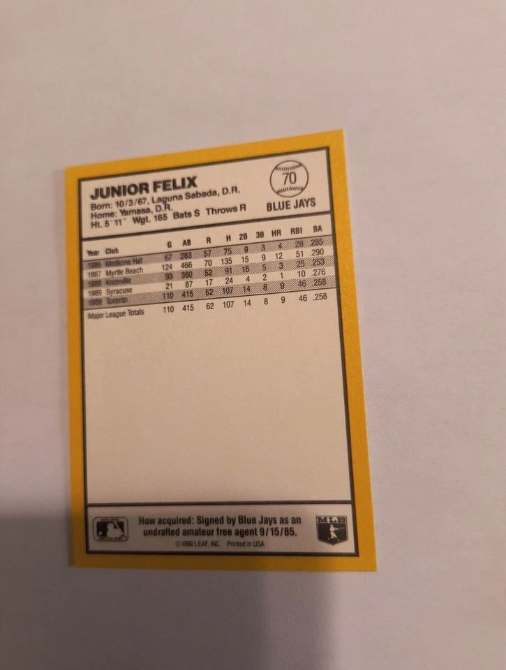 JUNIOR FELIX 1990 DONRUSS  BEST OF THE A.L. #70 FREE SHIPPING  - Image 2 of 2