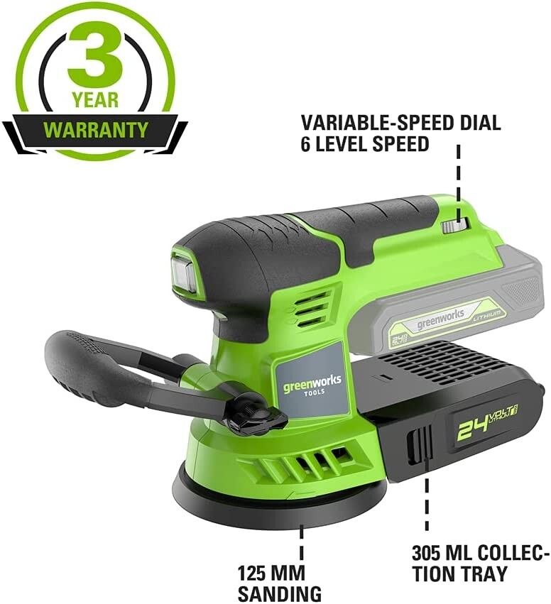 Greenworks 24V Cordless Orbital Sander, Variable Speed, 11000 OPM, 3