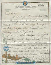 VTG 1918 CAROLINA CADILLAC CO/GOODRICH, WINSTON-SALEM, NC LETTERHEAD! 3 SHEETS!