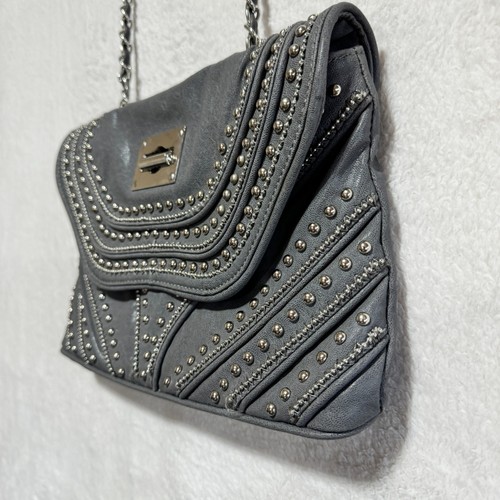 D'Lish Studded Faux Leather Crossbody Shoulder Bag Gray Purse w/ Strap - Picture 4 of 10