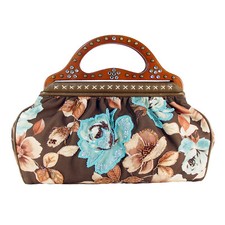 ISABELLA FIORE Beaded Floral Studded Crystals Wooden Handle Satchel Handbag