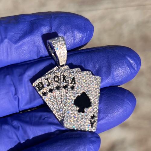 Men Moissanite 925 Silver Pendant Poker Playing Cards Iced Bling Out Royal Flush - Picture 9 of 13